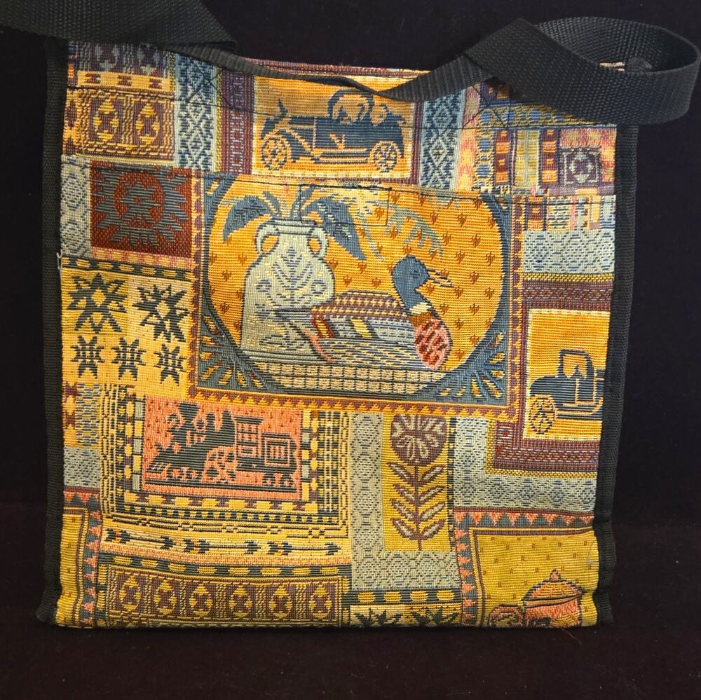 Vtg 90s Jade Tapestry Tote Bag Patchwork Equestrian Horse Mallard Duck Car Purse